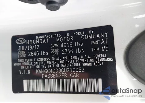 2012 Hyundai Genesis 3.8 from USA, damaged, VIN KMHGC4DD3CU210952